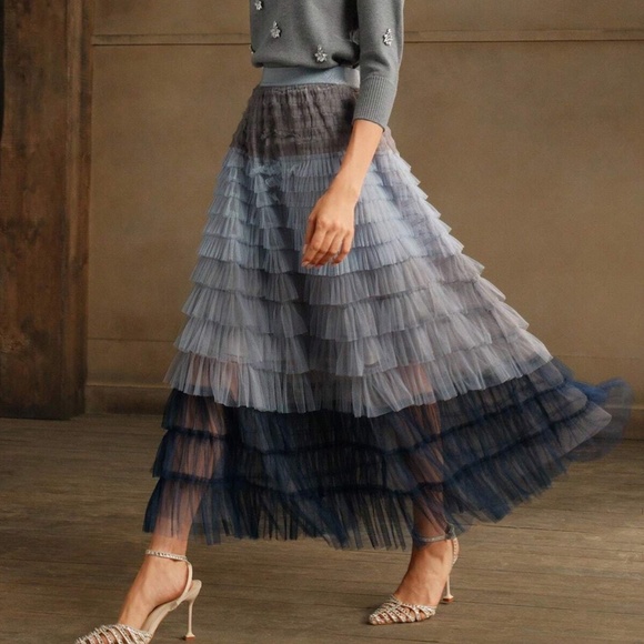 Classic Color Block Stretchy Waist Layered Tulle Maxi Skirt - Picture 8 of 10